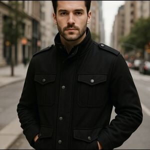 GUESS Men’s Black Structured Jacket | Snap Front |